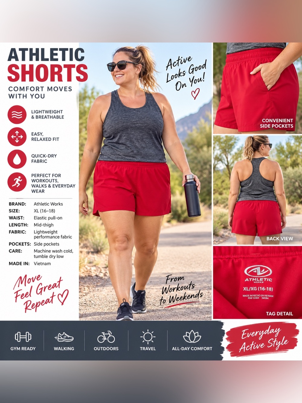 Athletic Works Women's Red Pull-On Athletic Shorts